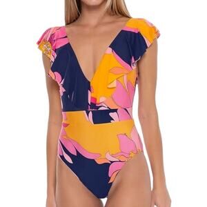 New Trina Turk One Piece Swimsuit Breeze Ruffle SZ 10 Floral Bathing Suit